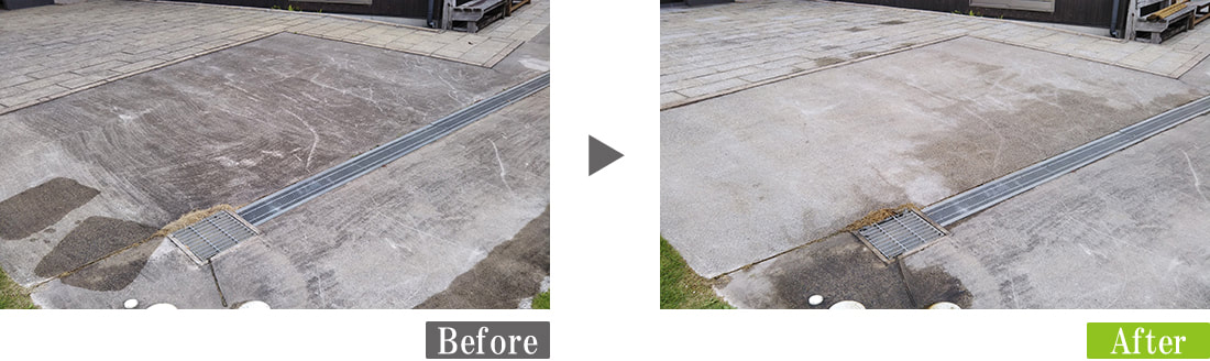 環境対応型特殊洗浄G-Eco工法で御影石の水垢・サビ汚れ、コンクリートの油汚れ除去施工（グレーチングより上部）