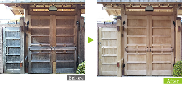 カビ／日焼け汚れ数寄屋門を環境対応型特殊洗浄G-Eco工法で施工