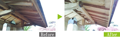 数寄屋門を環境対応型特殊洗浄G-Eco工法でカビ・汚れ除去、日焼け復元