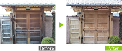 数寄屋門を環境対応型特殊洗浄G-Eco工法でカビ・汚れ除去、日焼け復元